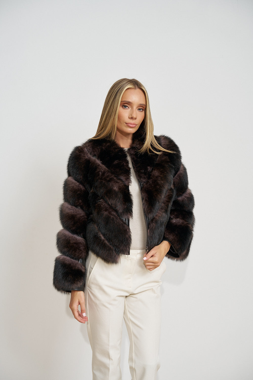 Haină din Blană Naturală de Vulpe cu Inserții din Piele, Smoky Taupe 602