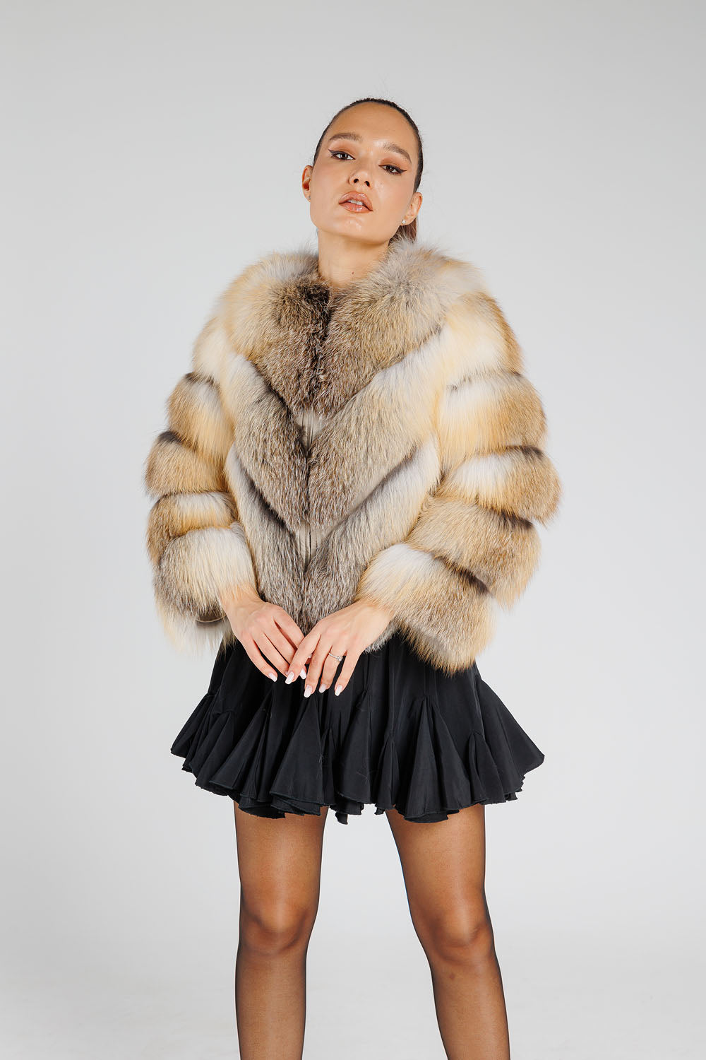 Natural Silver Fox Fur Coat, V Model, Convertible, Women, Gold Frost 377