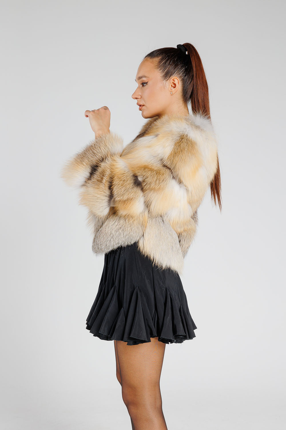 Natural Silver Fox Fur Coat, V Model, Convertible, Women, Gold Frost 377