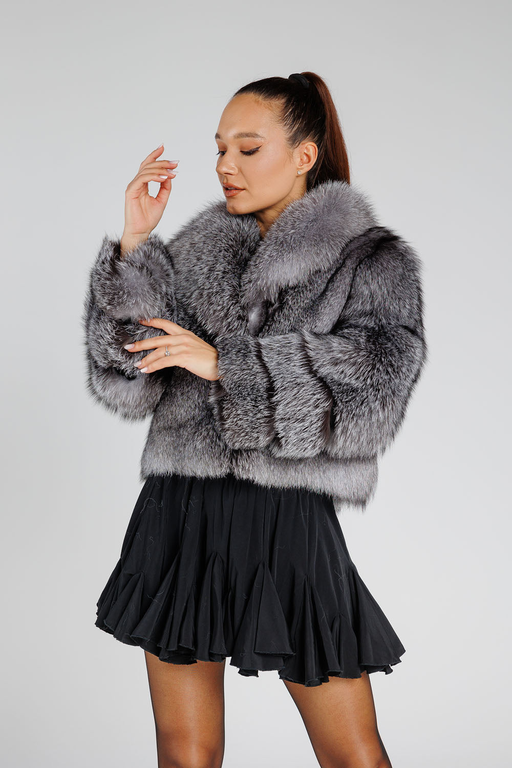 Cappotto in vera pelliccia di volpe argentata, con collo a revers, donna, Silver Frost 381