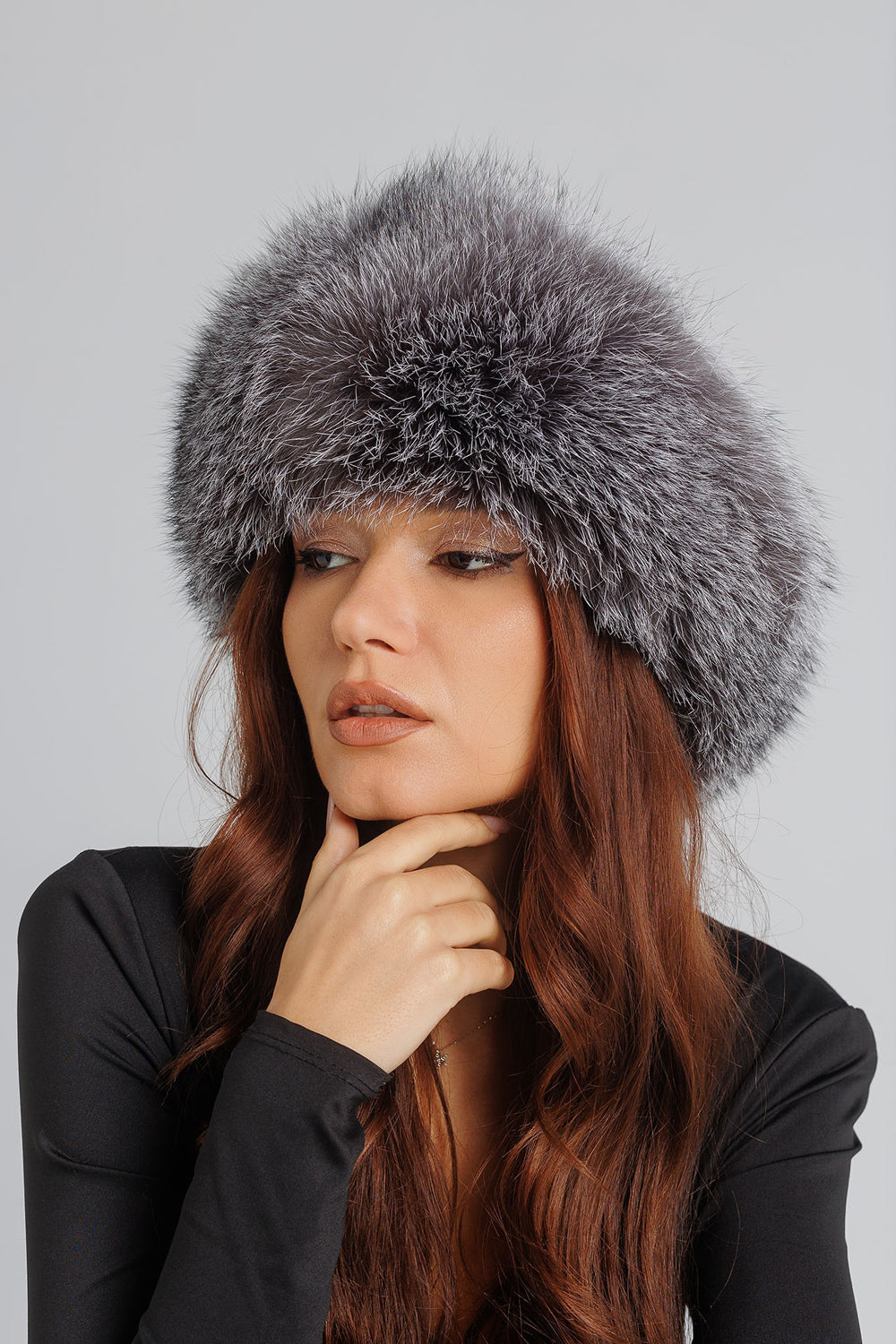 Bonnet en fourrure naturelle de renard, avec calotte en cuir véritable, pour femme, Gris argenté 32