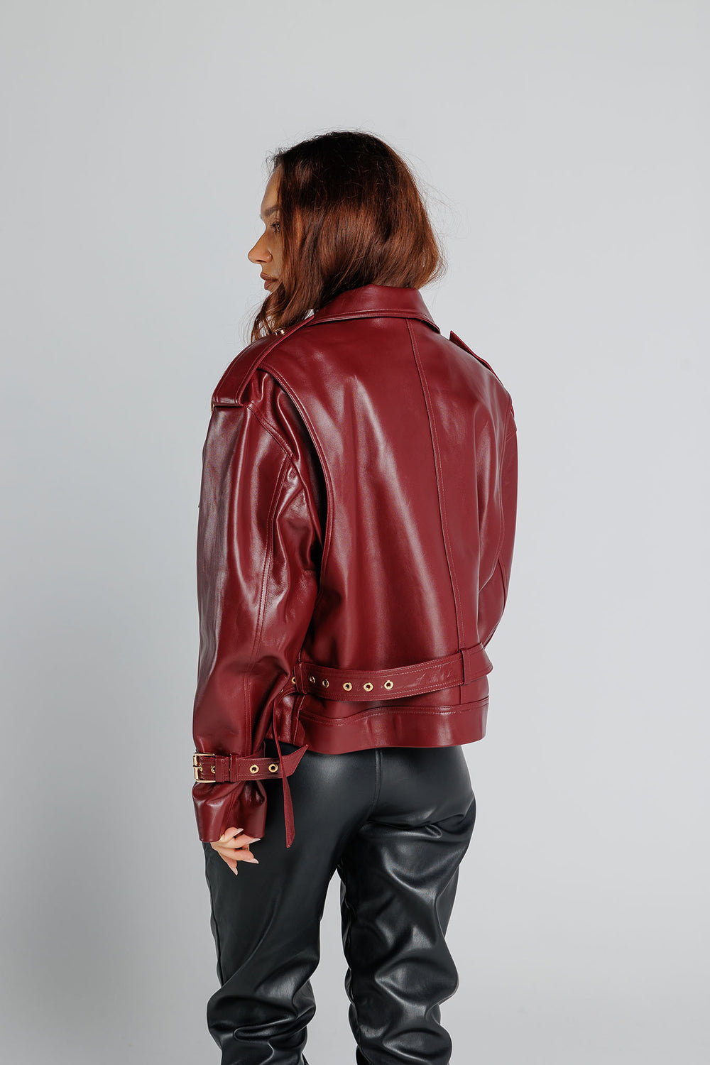 Geacă din Piele Naturală, Oversized,  Femei, Burgundy Gold 349