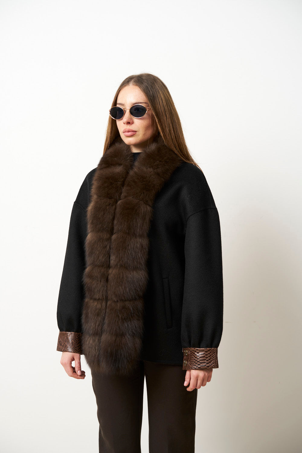 Palton din Lână cu Guler din Blană Vulpe pentru Femei, Jet Black 639