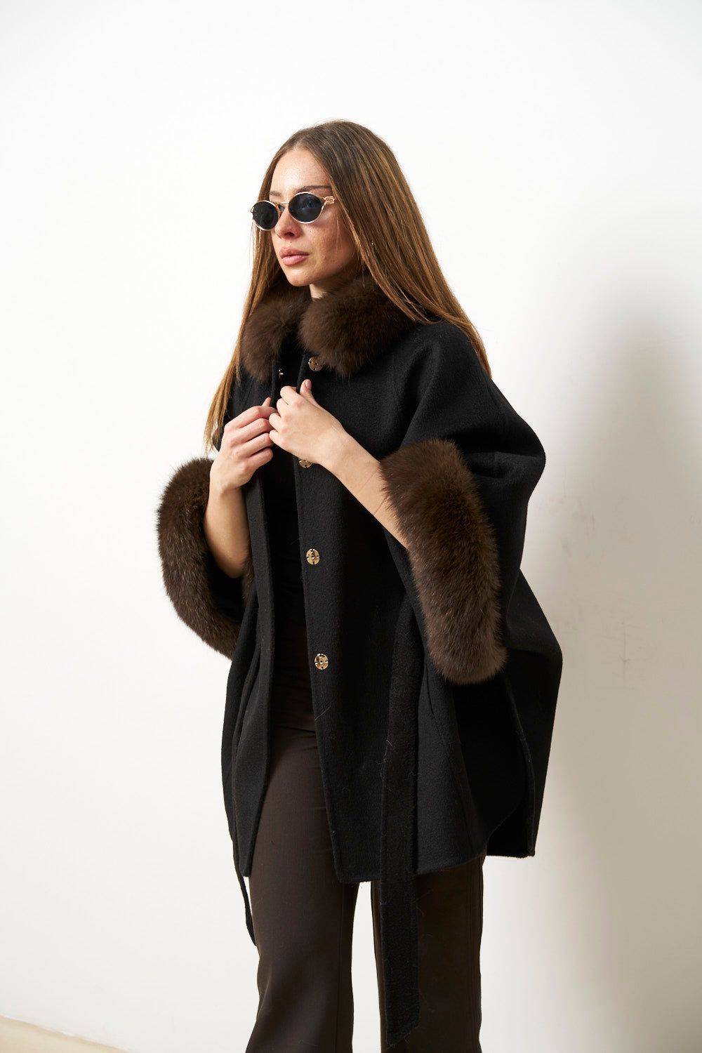 Wool Coat with Fox Fur Collar and Cuffs, Black, Mareus