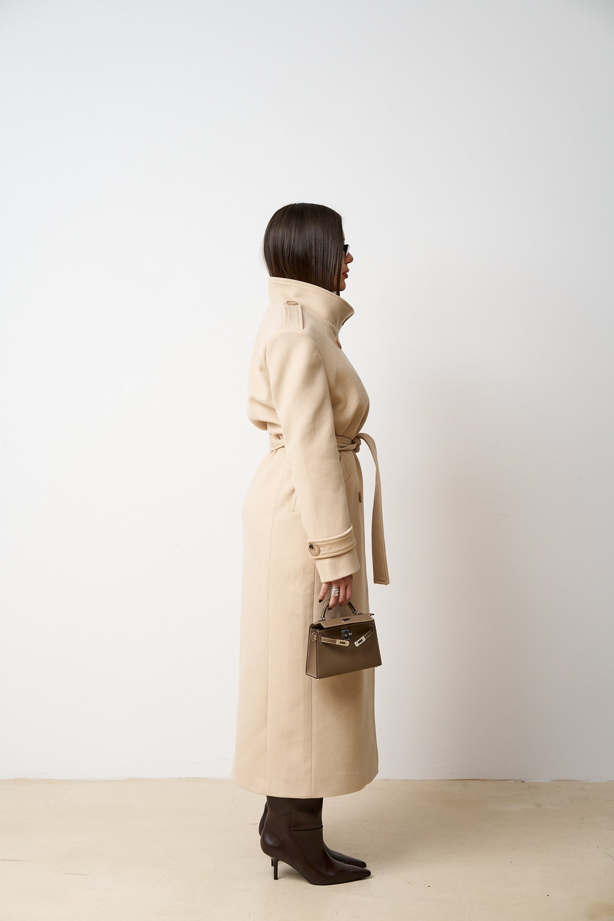Cappotto Lungo In Lana Con Coulisse, Donna, Beige Sabbia 523