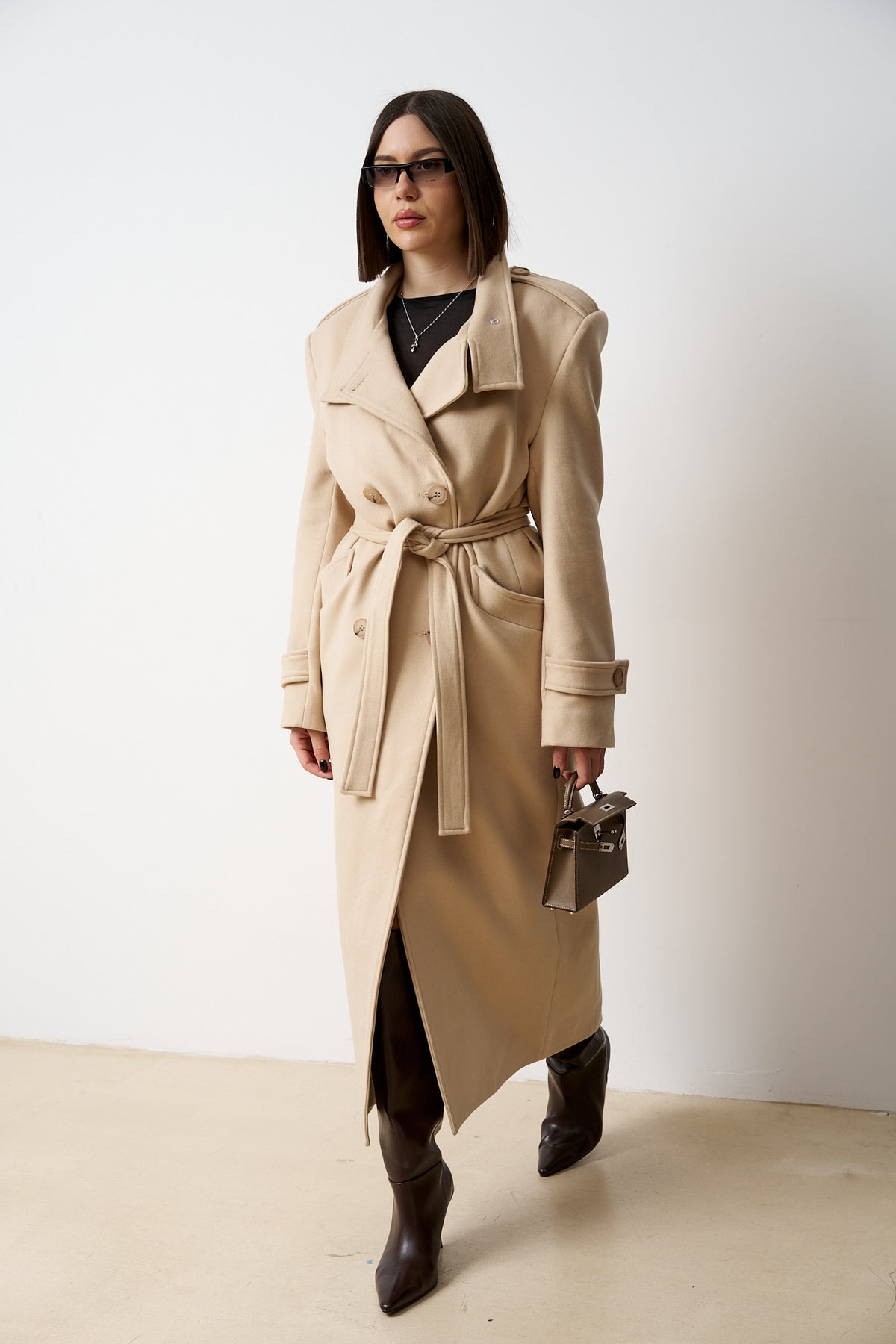 Cappotto Lungo In Lana Con Coulisse, Donna, Beige Sabbia 523