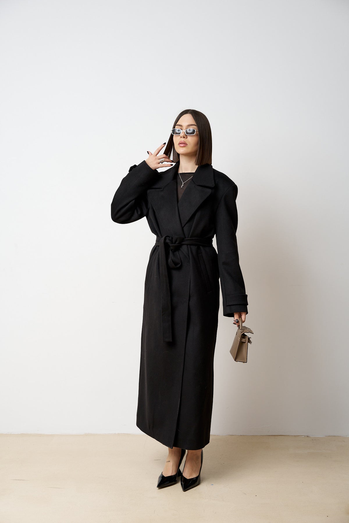 Palton Lung din Lână, cu Cordon, Femei, Mate Black 522