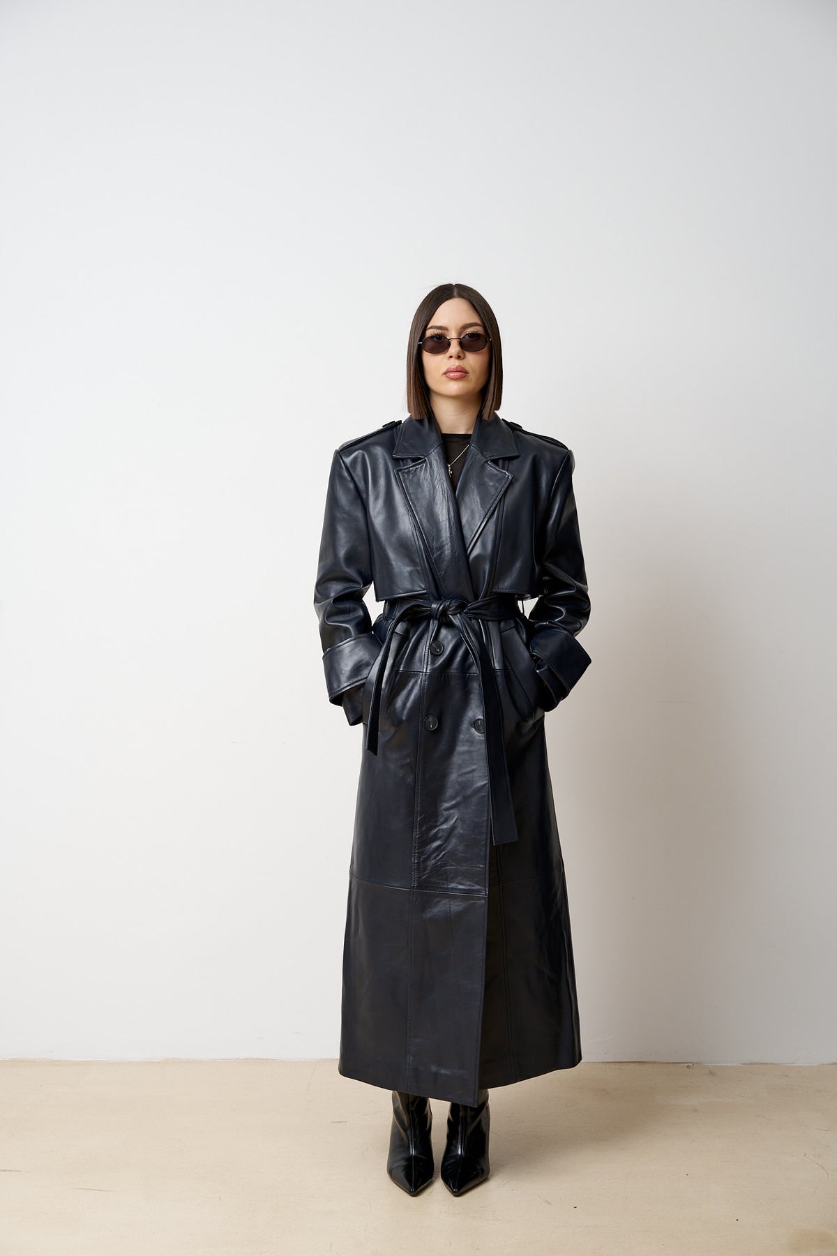 Palton Lung din Piele Naturală, cu Cordon, Femei, Navy Blue Bleumarin, Mareus
