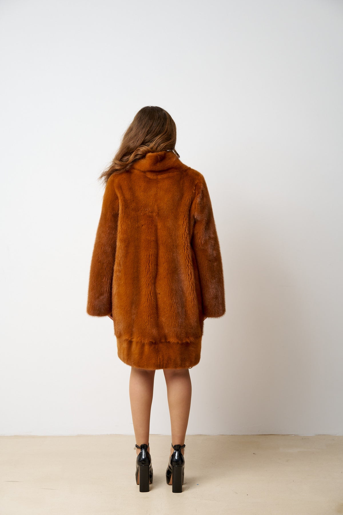 Haină din Blană Naturală de Vizon, Oversized, Amber Cognac 545