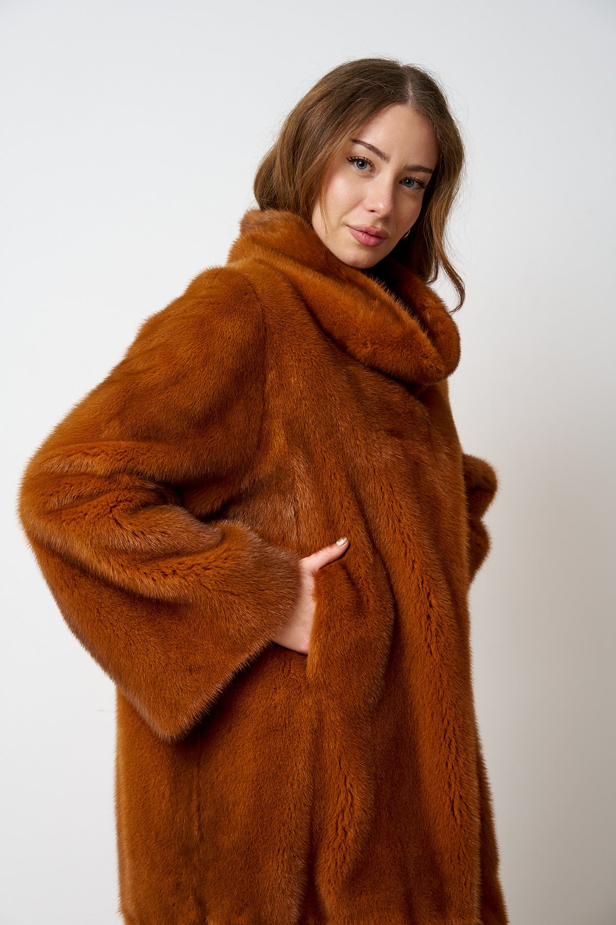 Haină din Blană Naturală de Vizon, Oversized, Amber Cognac 545