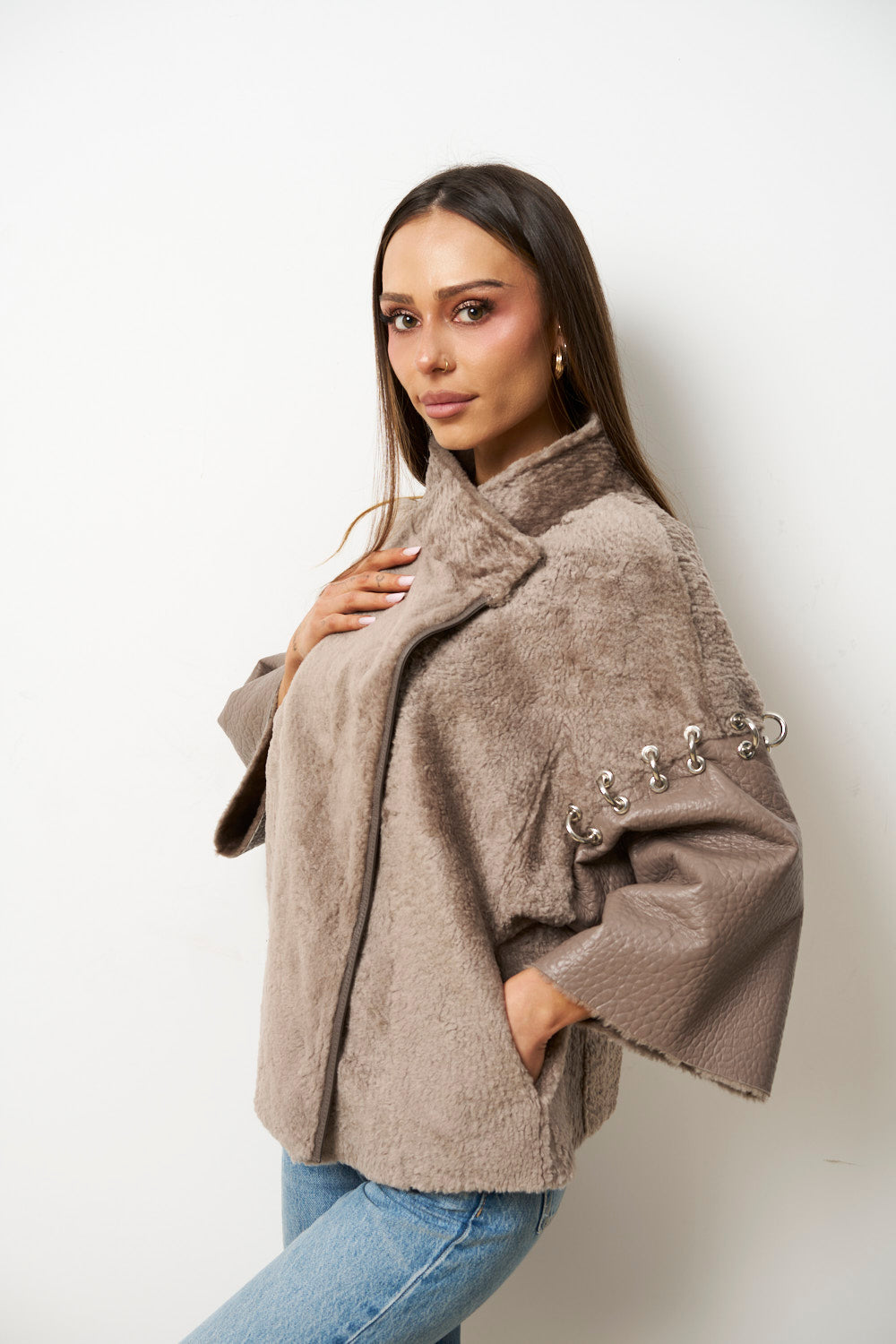 Poncho din Piele și Blană Naturală Shearling pentru Femei, Maro, Mareus
