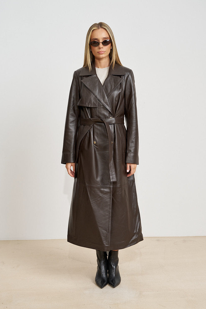 Trench Lung din Piele Naturală, cu Cordon, Chocolate 667