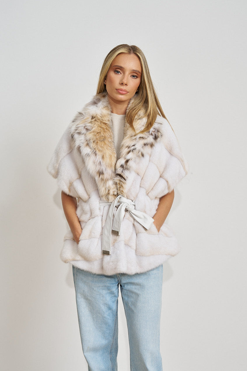 Vestă din Blană Naturală de Vizon, cu Guler din Blană de Lynx, Pearl 700